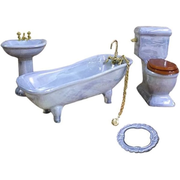 Dockhusmöbler Miniatyr Badrum Set Lila Badrumstillbehör 4PCS-1:12 Skala (Blå Grå)