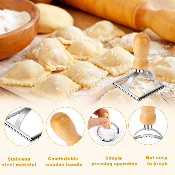 Ravioli Skærehjul, 5 Ravioli Skærere, Pasta Skærehjul med Træhåndtag, Firkantet/Rund/Hjerte Ravioli Skærer
