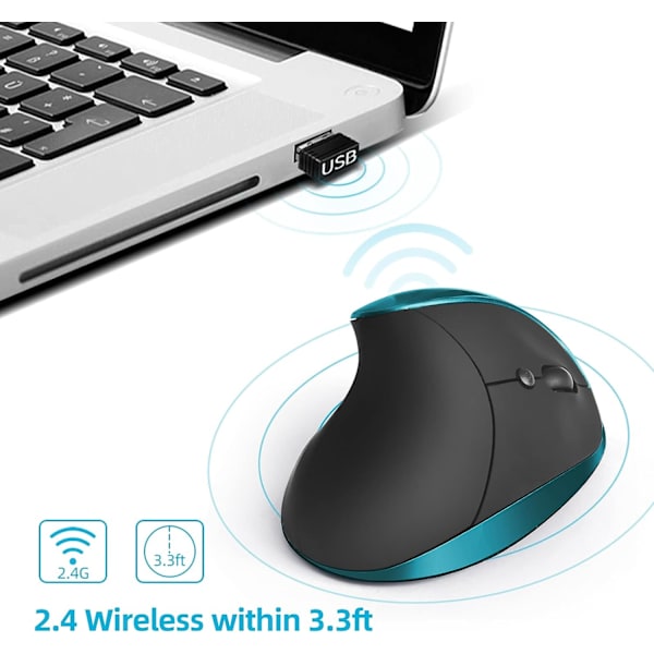 Ergonomisk trådløs mus, oppladbar vertikal mus høyre hånd liten mus justerbar 800/1200/1600 DPI for bærbar PC, blå