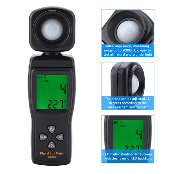 200.000 Lux Meter, Nøjagtig LCD Display Lux Meter, As803 Håndholdt Digital Display Ultra-Bredt Område til LED Planter Indendørs Udendørs Lystester