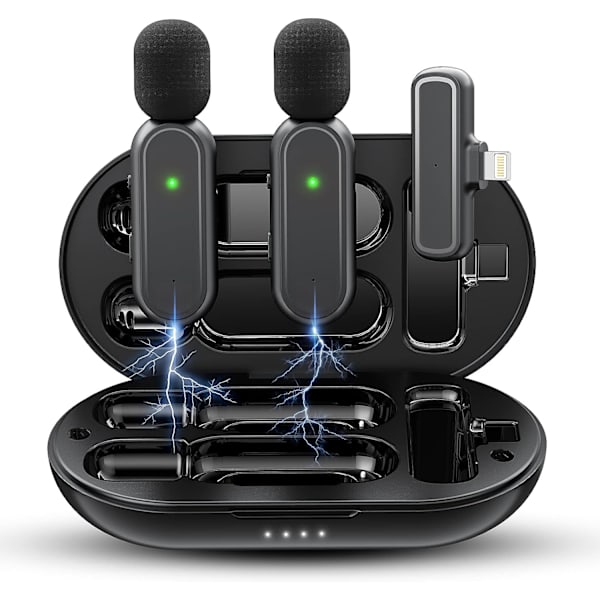 iPhone iPad trådløs mikrofon (2 TX + 1 RX + opladningsetui), mini mikrofon 3 tilstands støjreduktion til videooptagelse