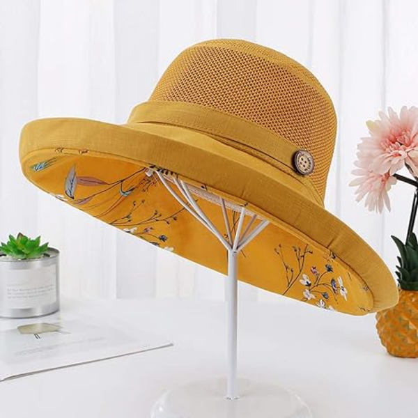 Kvinnors Mesh Solhattar Sommar Strand UV-skydd UPF Packable Bred Brätte Hakrem yellow
