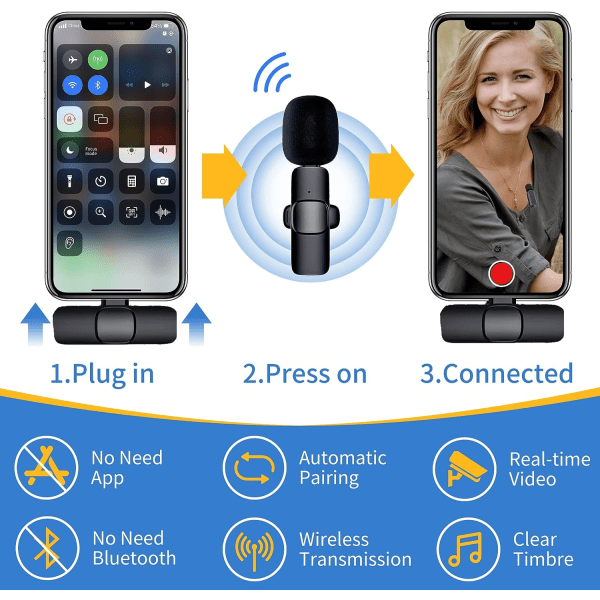 2-pack professionell trådlös mikrofon för iPhone iPad, klippmikrofon klippmikrofon plug and play för YouTube, inspelning, vloggar