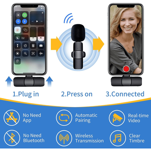 2-pack professionell trådlös mikrofon för iPhone iPad, Lapel Microphone Lapel Microphone Plug and Play-klipp för YouTube, inspelning, vloggning