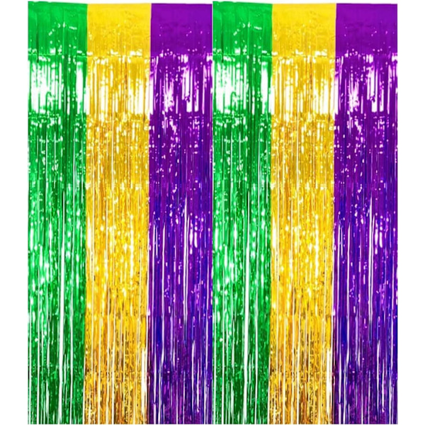2-pakkaus Mardi Gras -juhlakoristeet, kultaiset, vihreät ja violetit folioreunaiset verhot, 1M*2M
