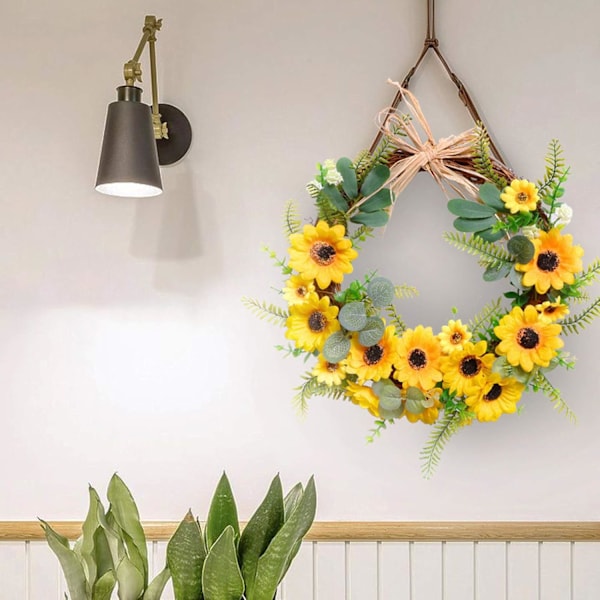 40cm Kunstig Solsikke Krans Forår Sommer Kunstig Blomsterkrans med Gule Solsikker og Grønne Blade til Vægdekoration