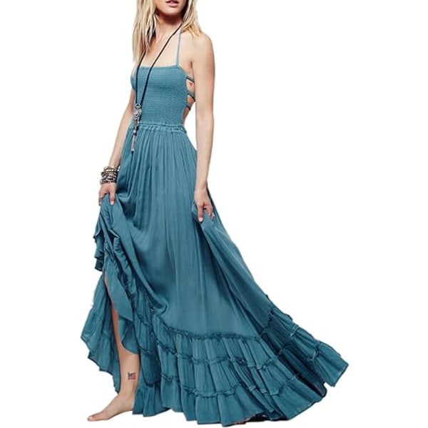 Kvinders sommer bomuld Sexede lange kjoler uden ryg blue XL
