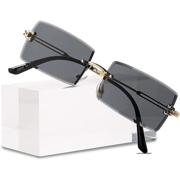 Men and women rimless rectangular sunglasses retro rimless glasses gradient lenses (gold frame black and gray lenses)