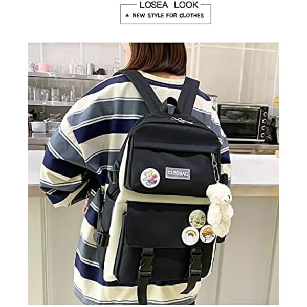 Set med 4 Kawaii Skolväskor, Ryggsäckar för Tonårstjejer, Estetisk Ryggsäck med Tillbehör, Svart