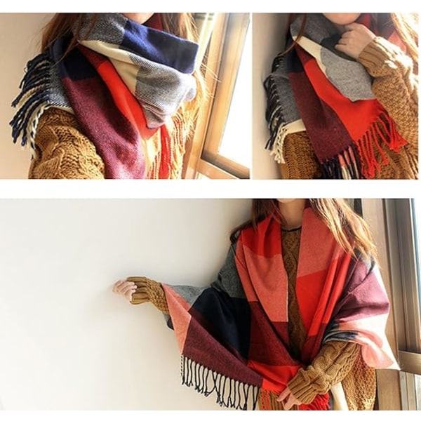 Dametæppe Langt Ternet Tæppe Chunky Oversized Vinter/Varmt Halstørklæde Store Tartan Halstørklæder Wrap Sjal Gaver