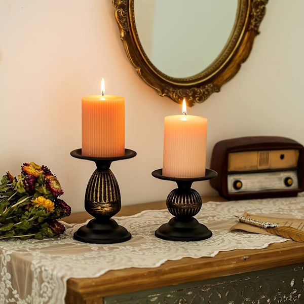 Vintage Ljusstakar Set om 2 Antik Metall Ljusstakar Retro Matt Svart Ljusstakar Centerpiece Shabby Chic Prydnad