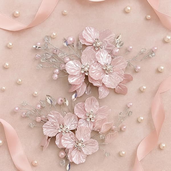 2 stk. elegante lyserøde blomsterperlehårklemmer – håndlavede krystal- og perlebryllupshårtilbehør til kvinder, brude, brudepiger og piger