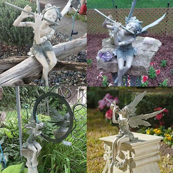 Sittende fe-hagefigur utendørs ornament uteplass skulpturer dekor