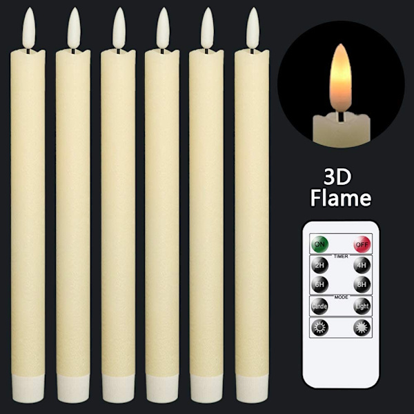 Flammeløse elfenbensfarvede spidslys med flimrende lys og 10-knappers fjernbetjening, batteridrevne LED-lys med varmt 3D-væge til vinduer, jul