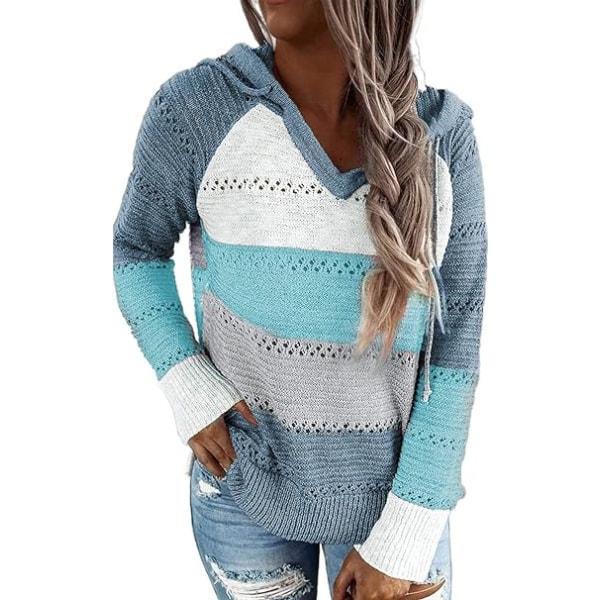 Womens Striped Color Block Hoodies Fashion V Neck Knit Sweater Pullovers