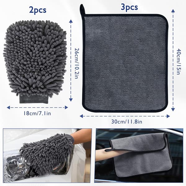 Bilrengöringskit 3-pack Mikrofiber Bilduk & 2-pack Mikrofiber Biltvättshandske