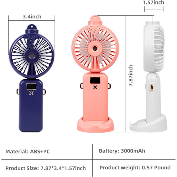 Bärbar Fläkt, Mini Handhållen Fläkt med Vattenspray 3000mAh Uppladdningsbart Batteridriven Dimfläkt med 5 Hastigheter, 90° Vikbar White