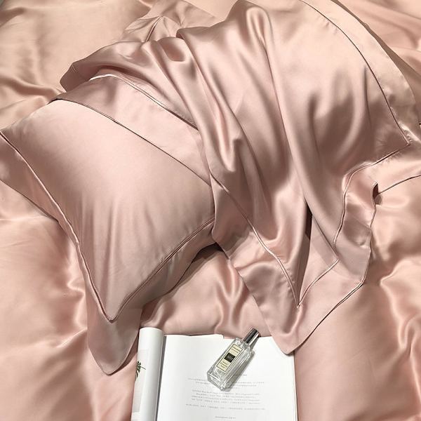 Sengesett, ensfarget silkefarget dobbeltsidig Tencel firedelt dynetrekk isark naken silke sommer, (200x230cm) Pink-2