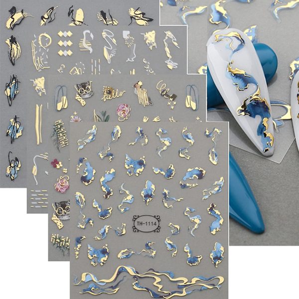 12 ark Graffiti Nail Art Stickers 3D Vit Svart Guld Stripe Line Nagel Dekaler Självhäftande Abstrakt Marmor Våg Blom Blad Stickers