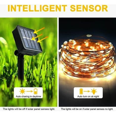 2 utendørs solcellelyssnorer, 12m 100 LED solcellelyssnorer, 8 mønstre vanntett kobbertråd solcellelyssnorer (varm hvit)