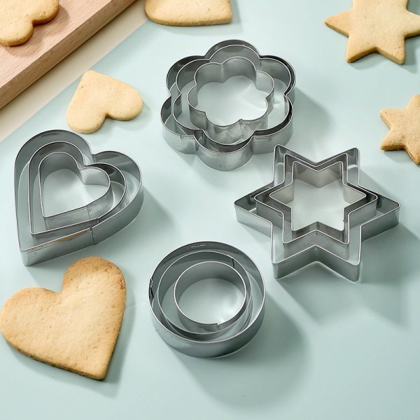 Metall kakeformsett, stjerne/runde/hjerte kakeform mini blomsterformer kutter for baking, 12 stk