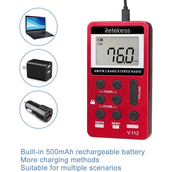 Retekess V112 AM FM bærbar lommeradio digital tuning stereo volum med hodetelefoner oppladbart batteri for gåtur treningsstudio (rød)