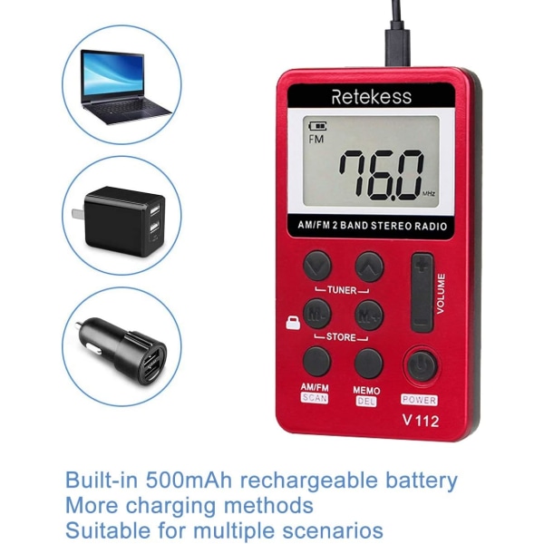 Reteness V112 AM FM Bärbar Pocket Radio Digital Tuning Stereovolym med hörlurar Uppladdningsbart batteri för Walking Gym (röd)