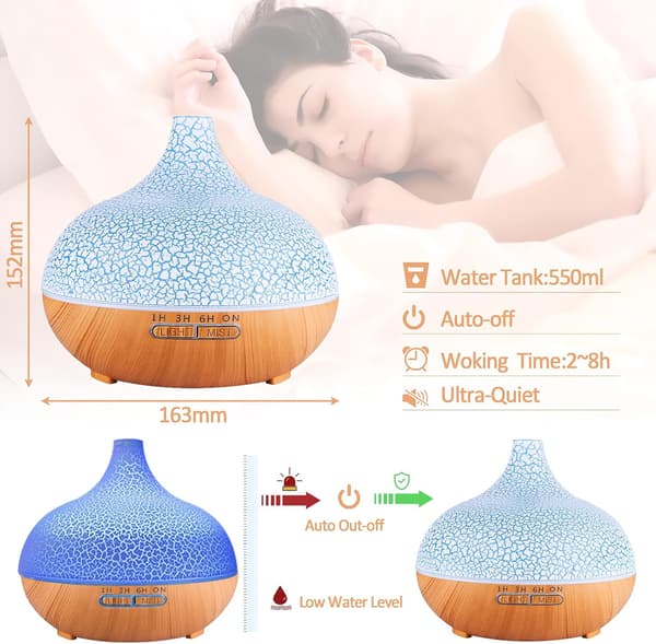 Eterisk oljediffuser, 550 ml Ultralyd Luftfukter Elektrisk Aromaterapi Diffuser med Fjernkontroll, 7 Farger