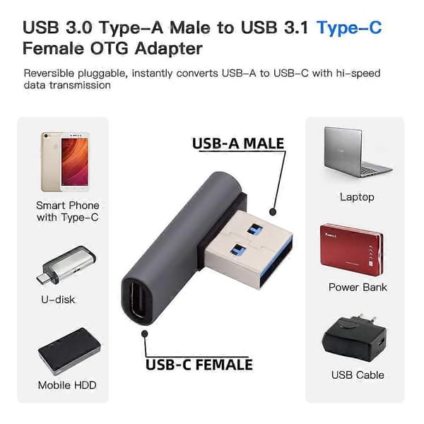 UC-067-LP Typ-C Hona 90 Grader Vänstervinklad till USB 3.0 Typ-A Hane Dataadapter för Laptop