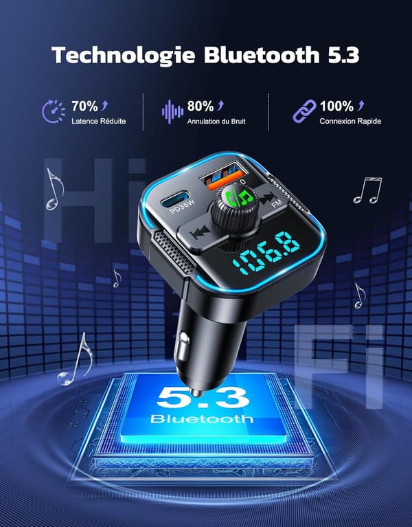 Bluetooth Bil [Kraftige Doble Mikrofoner], Bluetooth 5.3 FM-sender & 36W PD+18W QC3.0 Rask Billader