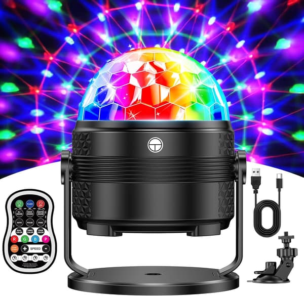 Diskokugle til DJ-fest - 15 farver lys, timer, musik, 360° rotation, lysende og USB 4M/13 fod