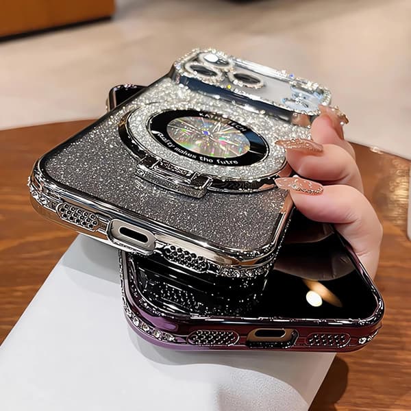 Magneettinen jalusta iPhone 18 Pro -suojakuorelle kimaltelevalla kortilla, musta Black iPhone18PRO