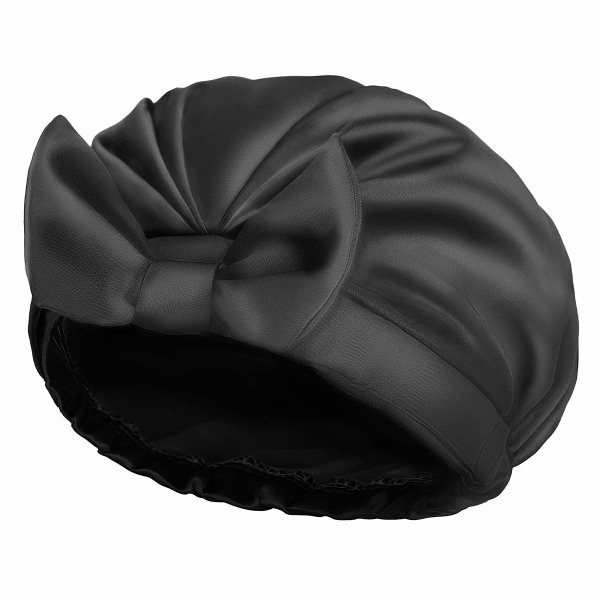 Extra stor cap, Bowknot dubbellager återanvändbara badhårmössor med silkeslen satin för kvinnor (svart)