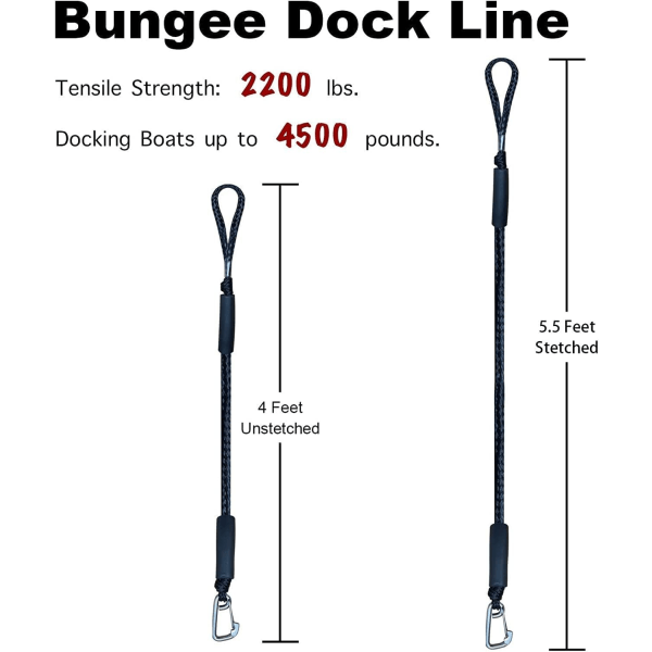 Bungee Dock Line med krok, svart förtöjningsrep för båt 4 ft 2-pack & svart