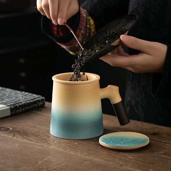 Blå og Hvid Tekopper med Træhåndtag Keramisk Tekop med Infuser og Låg Kop til Infusion af Løse Blade Te azul