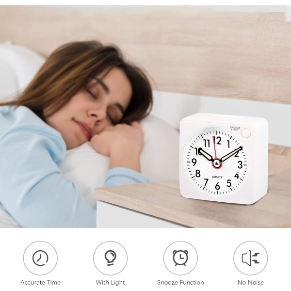 Tyst Analog Alarmklocka, Tyst Reseklocka med Snooze och Ljus