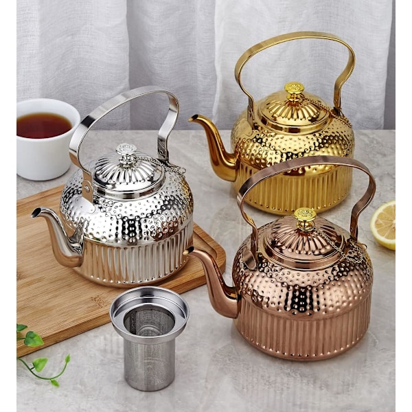 1400ml Rustfrit Stål Tekande med Infuser, Antik, Velegnet til Induktion eller Gasblus