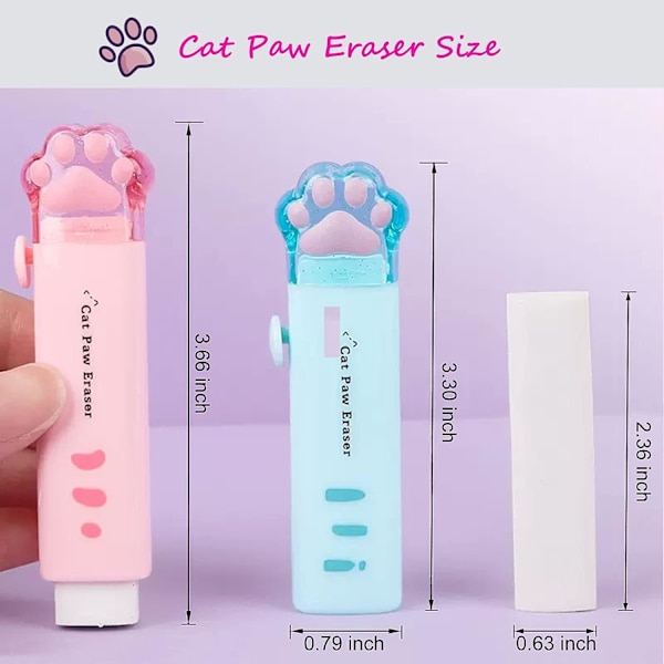 4 söpöä pyyhekumia, sisäänvedettävä pyyhekumi Kawaii kissan tassu pyyhekumit lapsille, kumi push-pull pyyhekumi opiskelijoille kirjoittamiseen, piirtämiseen esteettiset pyyhekumit