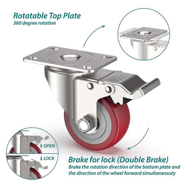 3\" Heavy Duty Plate Caster Swivel Caster med Safety Master Lock (4-Pack)