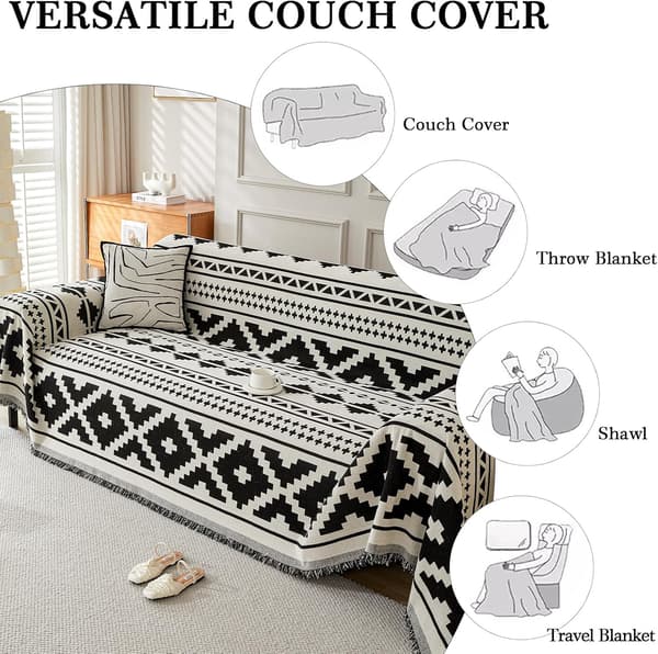 Geometrisk sofabetræk til 2-personers, helårsbeskyttende sofabetræk til hunde, sofapuder til loveseat futon med kvast, sort, 180*260cm 180*260cm Black