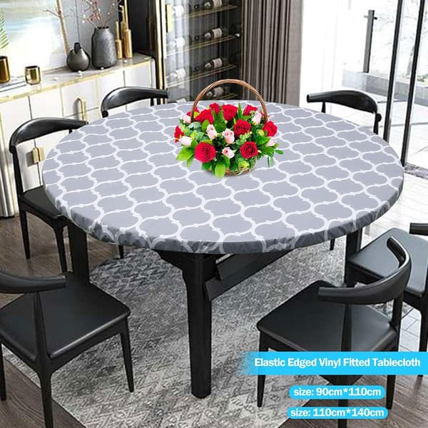 Vattentät rund duk, elastisk kant, flanellbaksida, fläckbeständig, oljesäker PVC-bordskydd (grå, 110-140 cm) Grey