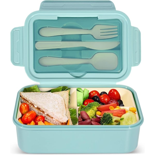 1400ml Bento Madkasse, Beholder med 3 Rum, BPA-fri Sandwichboks til Voksne og Børn, Blå