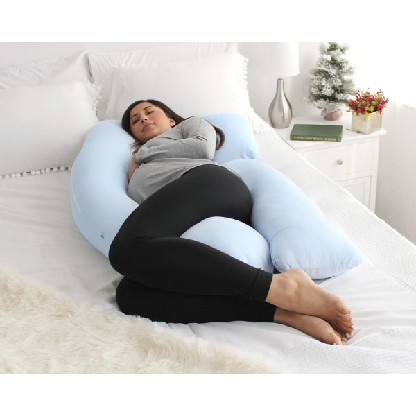 Graviditetskudde för kvinnor, helkroppskudde i U-form och mammastöd för rygg, höfter, ben, mage med avtagbar förlängningslampa Light Blue 134.6 x 78.7 x 17.8 centimetres