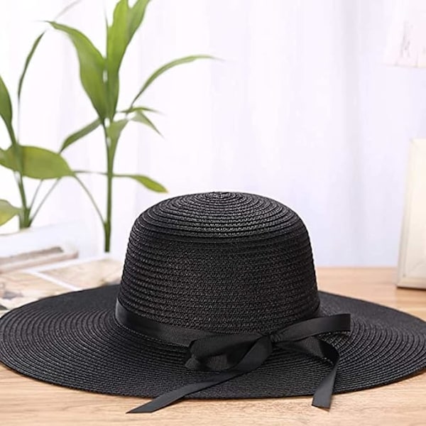 Solhatt för kvinnor, hopfällbar flopphatt med rosett, stor bredbrättad halmhatt, damer sommarstrandkeps UV-skydd Off white