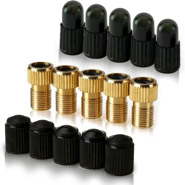 Messingadapter for Presta-ventil (pakke med 5 + 10 hetter) konverterer Presta til Schrader for alle typer sykler, e-sykler og e-scootere