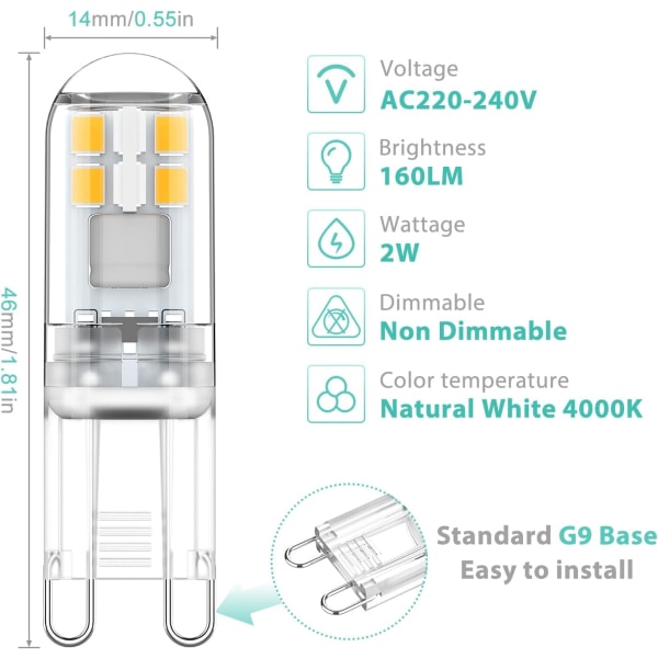 G9 LED-lamput 1,5 W, vastaa 20 W halogeenia, luonnonvalkoinen valo 4000 K, AC 220-240 V, ei himmennettävä, minik hehkulamppu, välkkymätön, 6 kpl