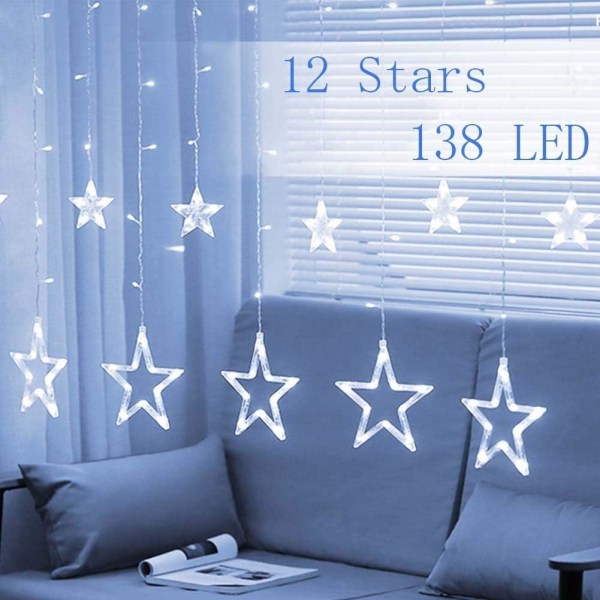 12 stjärnor 138 LED-gardinljus, fönstergardinljus med 8 blinkande lägen Ramadan-dekoration till jul