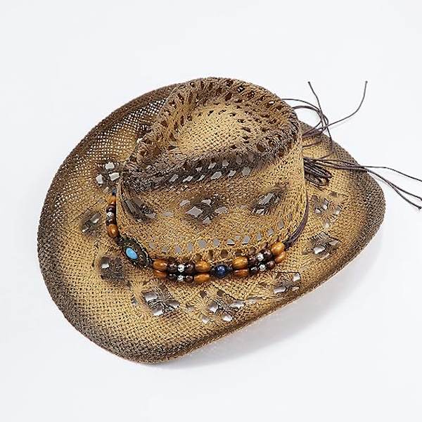 Flettede stråhatte til mænd og kvinder Cowgirl stråhatte Dame cowboyhatte Cowboyhatte formbar skygge, strand cowgirl, khaki