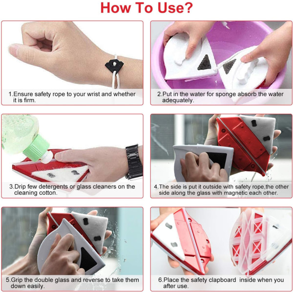 Magnetisk fönsterputs för 15-24 mm dubbelglas med starkt magnetiskt ergonomiskt handtag Design-Röd