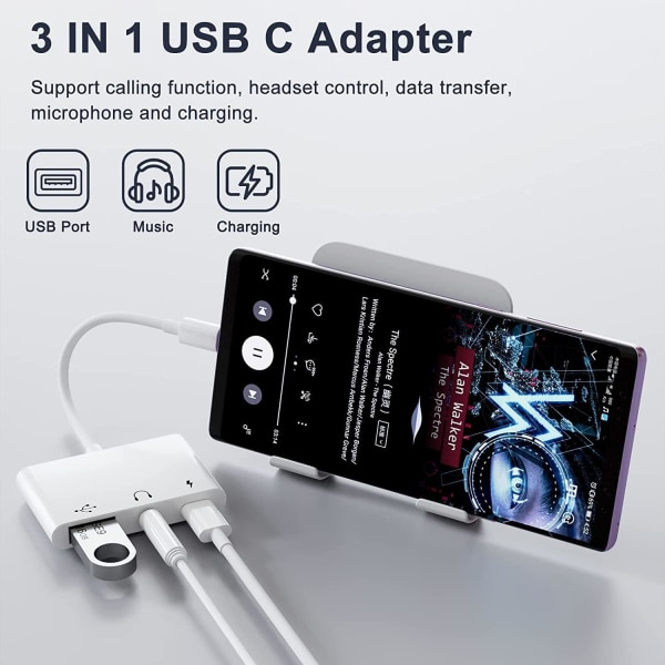 USB C till USB -adapter, 3 i 1 USB C till USB A OTG-adapter med 3,5 mm hörlursuttag och 60 W PD snabbladdningsport